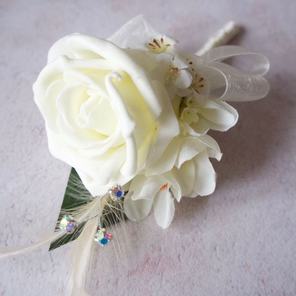 Ivory Foam Rose Freesia Feather Silver Diamante Wedding Corsage