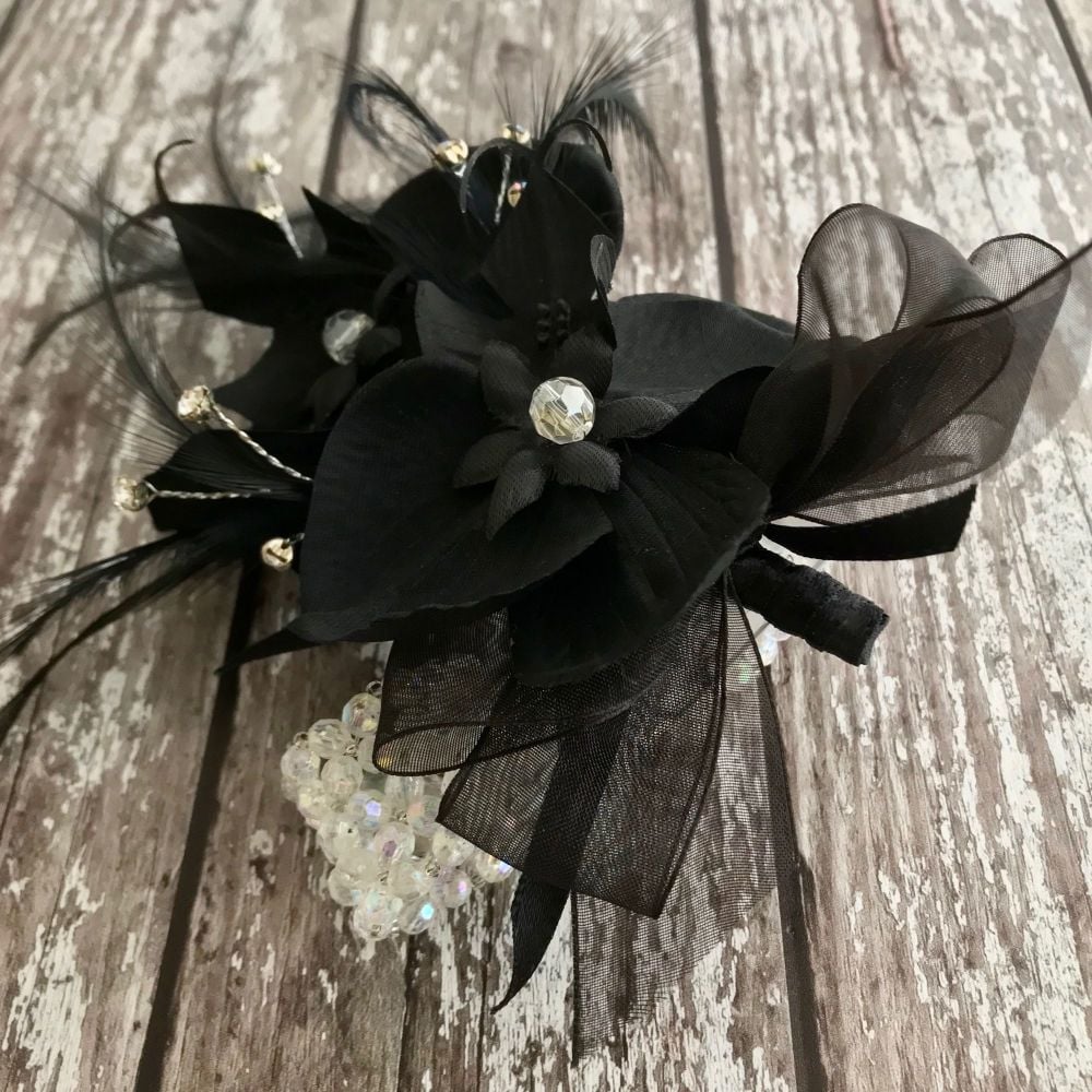  Black Orchid Artificial Silk Flower & Feathers Diamante Crystal Band  Wrist Corsage 
