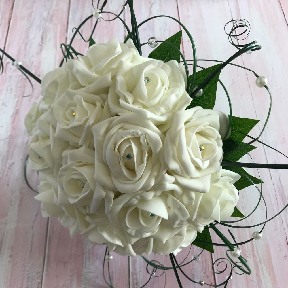 ARTIFICIAL WEDDING FLOWERS DIAMANTE CRYSTAL IVORY ROSE BUTTONHOLE 