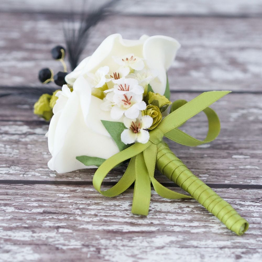 <!--045-->Ivory Foam Roses Black Feather Lime Ribbon Wedding Corsage