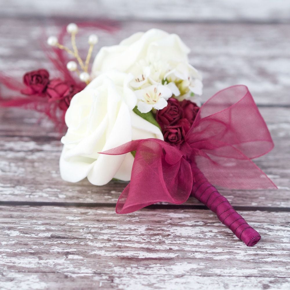 <!--050-->Ivory Foam Roses Gold Pearled Burgundy Feather Wedding Corsage