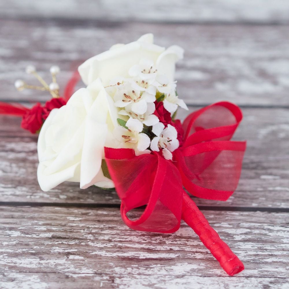 Ivory Roses Red Feathers Gold Pearl Wedding Corsage