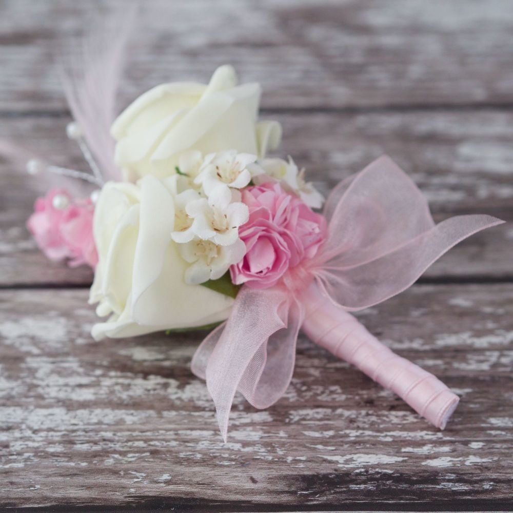 <!--090-->White Foam Roses Pastel Pink Feathers Silver Pearled Wedding Cors
