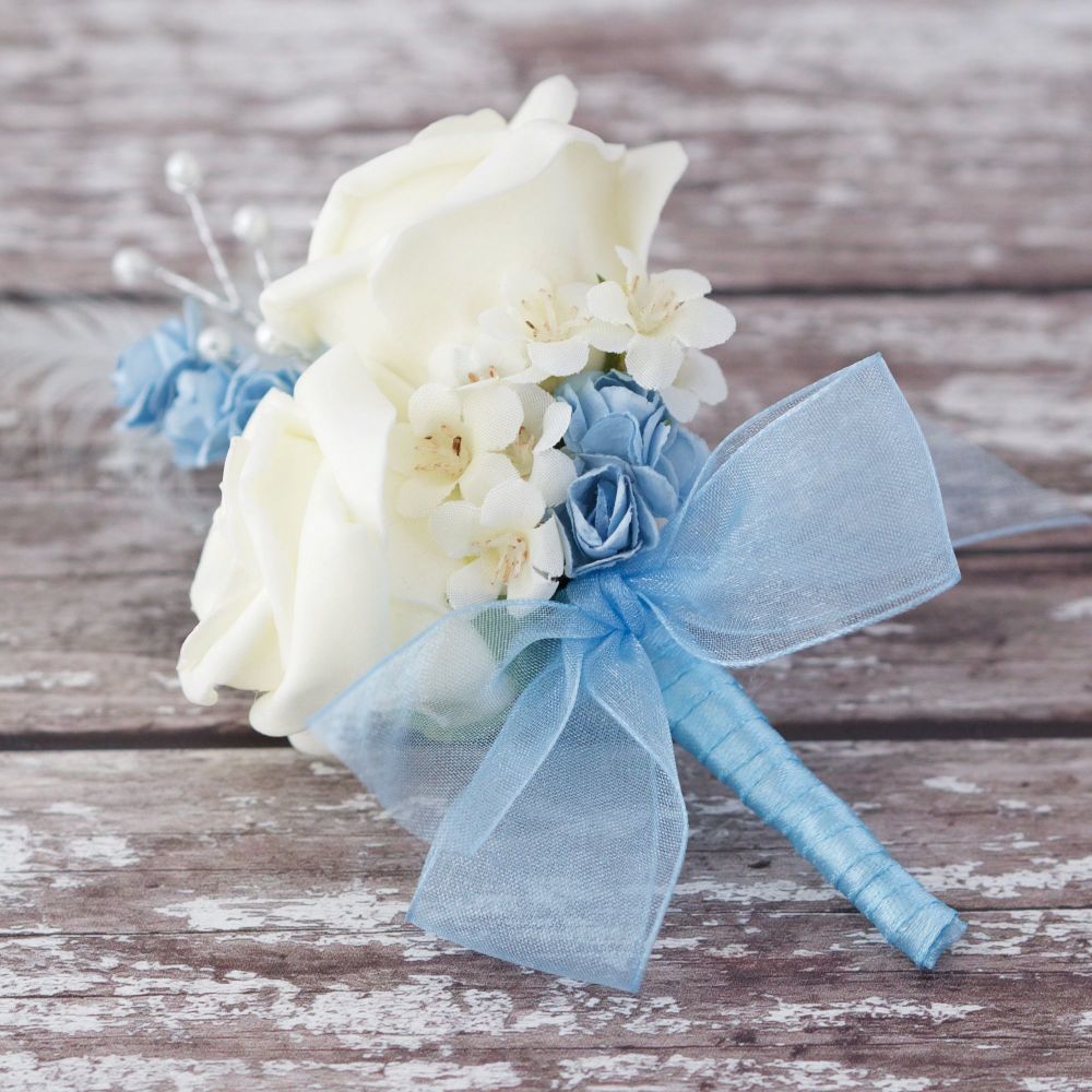 White Rose Pastel Blue Feathers Silver Pearl  Wedding Corsage