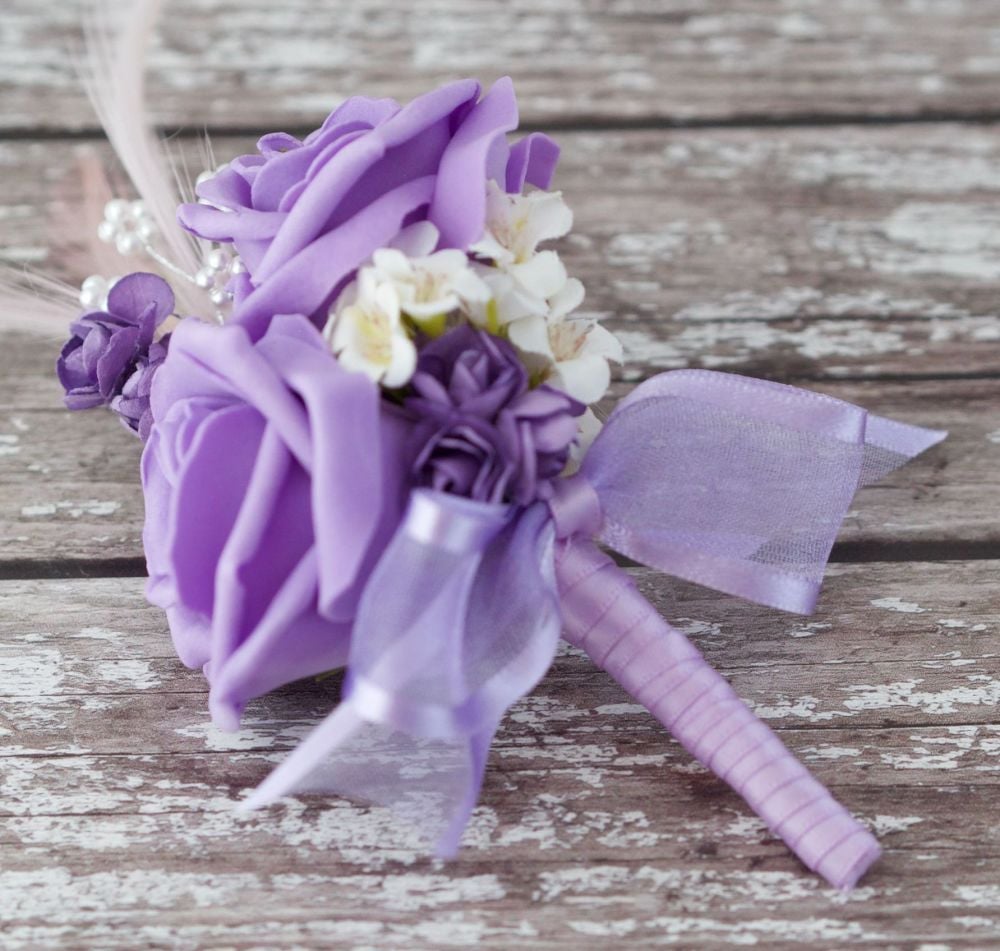 <!--096-->Lilac Foam Roses Lilac Feathers Silver Pearled Wedding Corsage