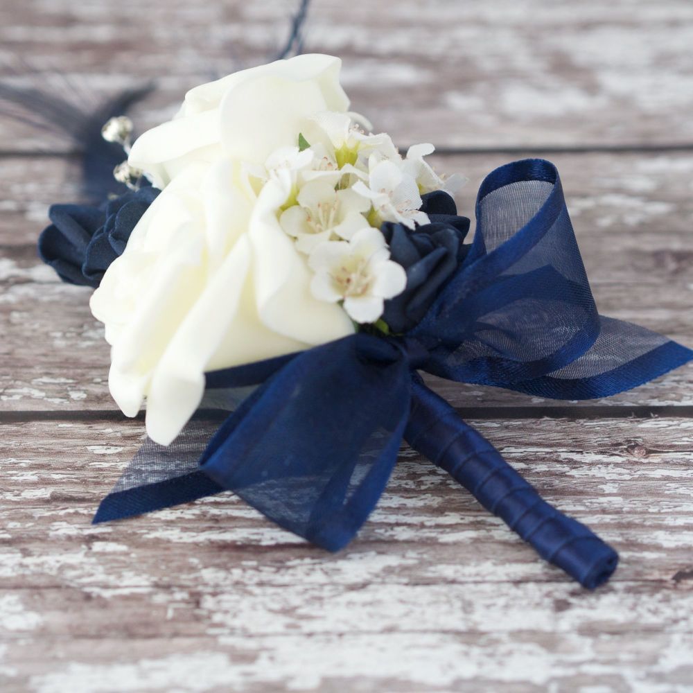 <!--060-->Ivory Foam Roses Navy Feather Silver Diamante Wedding Corsage 