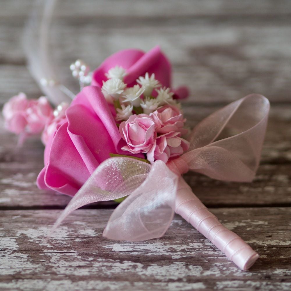 <!--0980-->Pink Foam Rose Pink Feathers Silver Diamante Wedding Corsage