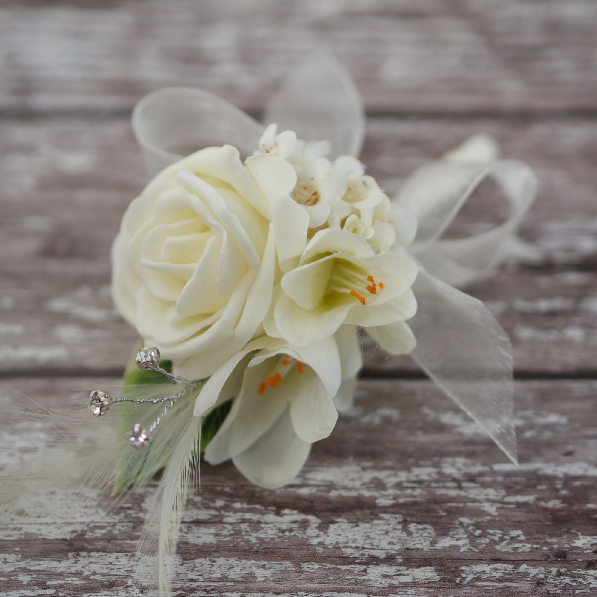 Artificial ivory rose & fressia wedding corsage