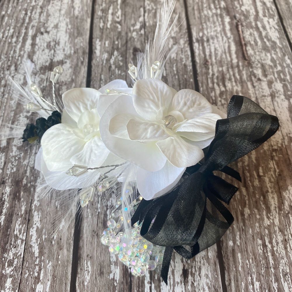 White Orchid Artificial Silk Flower & Feathers Crystal Band  Wrist Corsage 