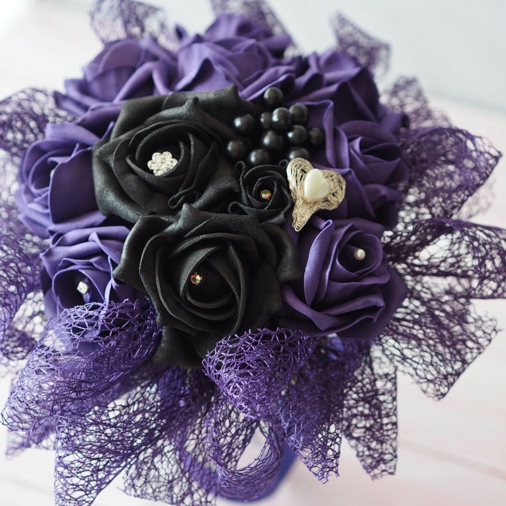 <!--0004--> Purple & Black Roses Black Lace Gothic Hand-Tied Bridesmaid Bou