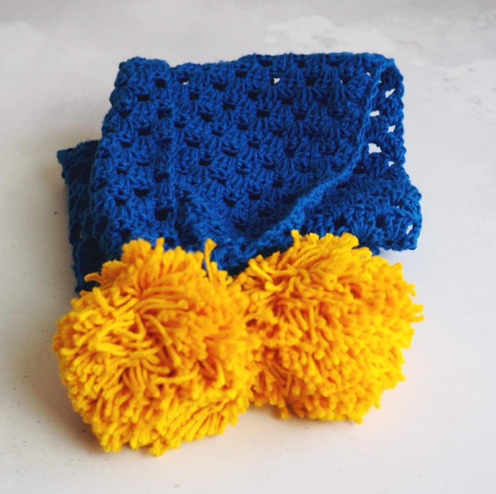 Blue Scarf with Yellow Pompoms