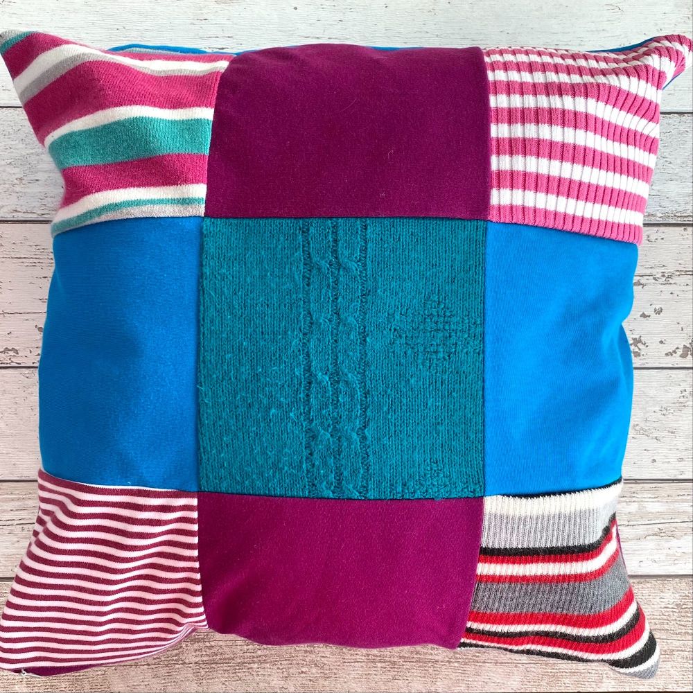 <!-- 0020-->Patchwork Memory Cushion - Custom Made from Loved Ones Clothing
