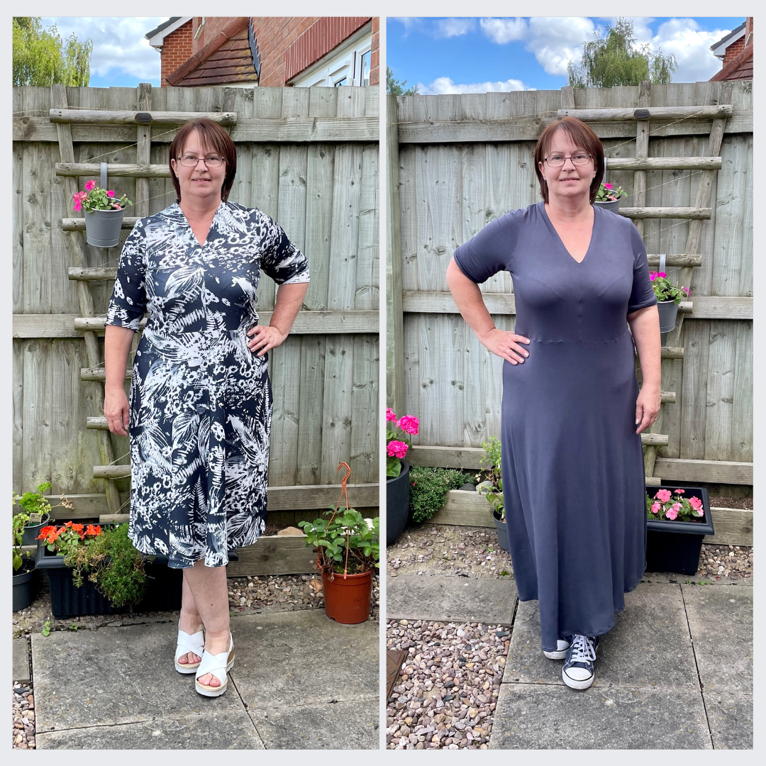 Two Versions of the same dress shown by a lady wearing a plain blue maxi dress and another knee length grey and white dress, standing in front of a fence and flowers 