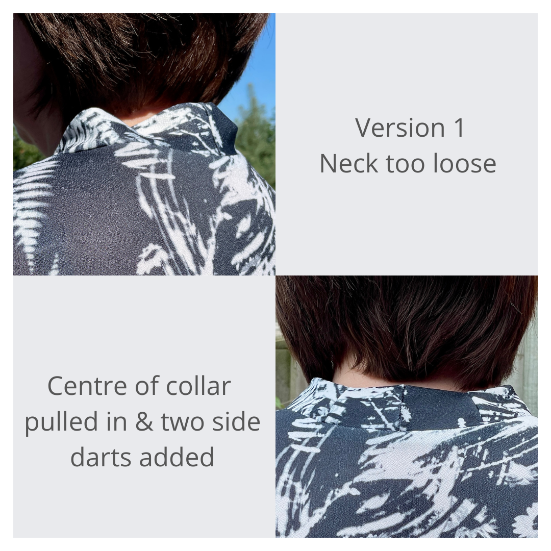 Two close up pictures of the back neck collar alteration