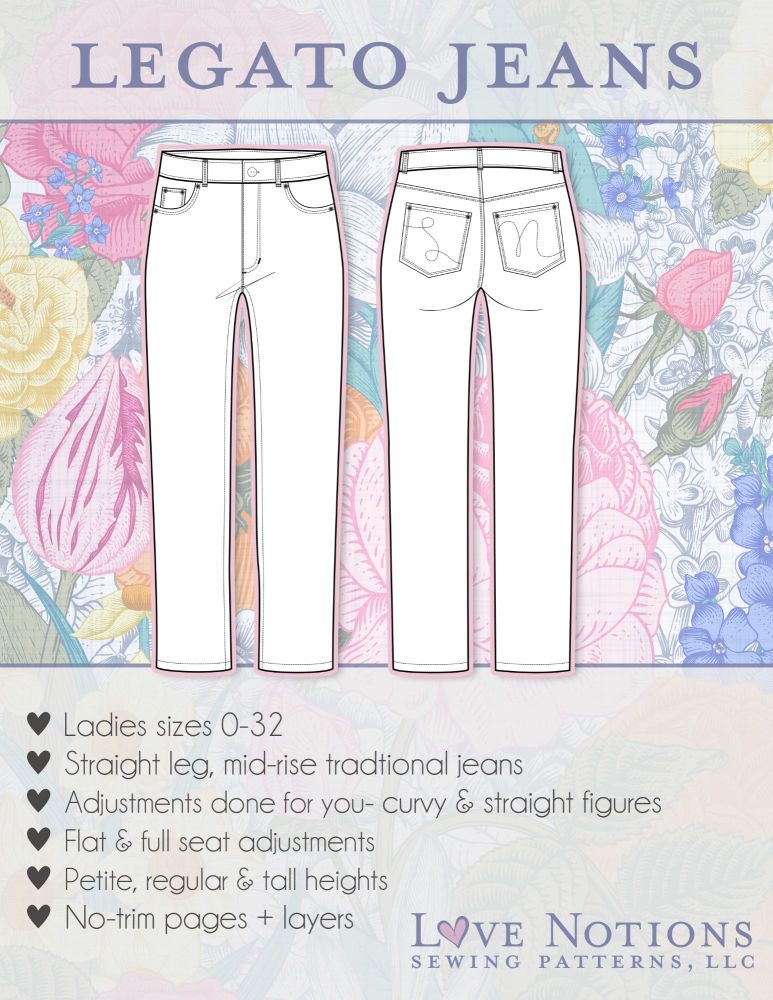 Line drawing of front and back of jeans for Legato jeans sewing pattern