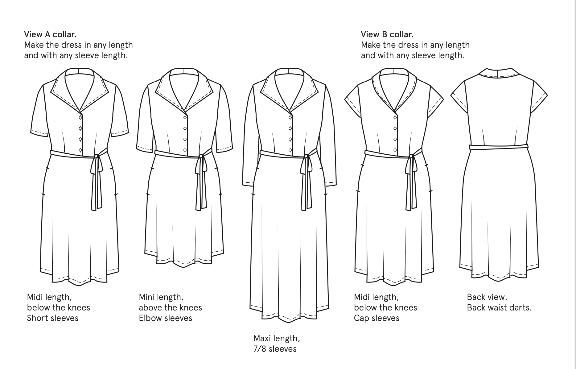 Black line drawings on a white background of  five dresses showing different options with sleeves, collar and lengths