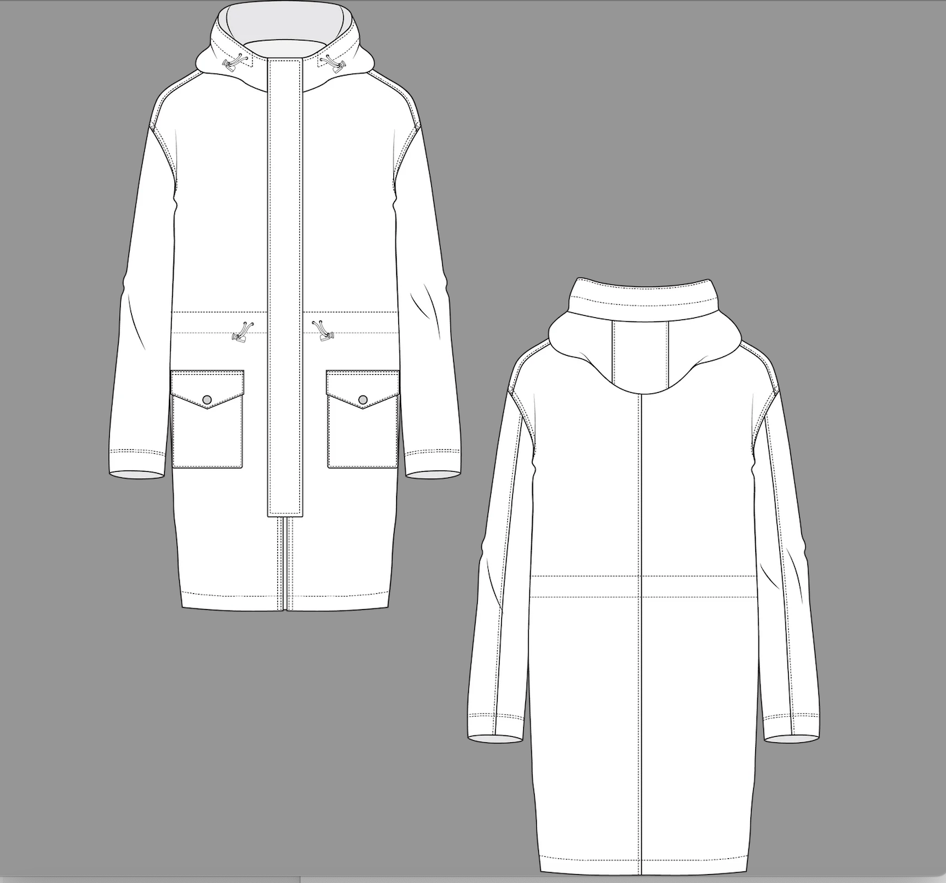 Black line drawings on a white background of  five dresses showing different options with sleeves, collar and lengths