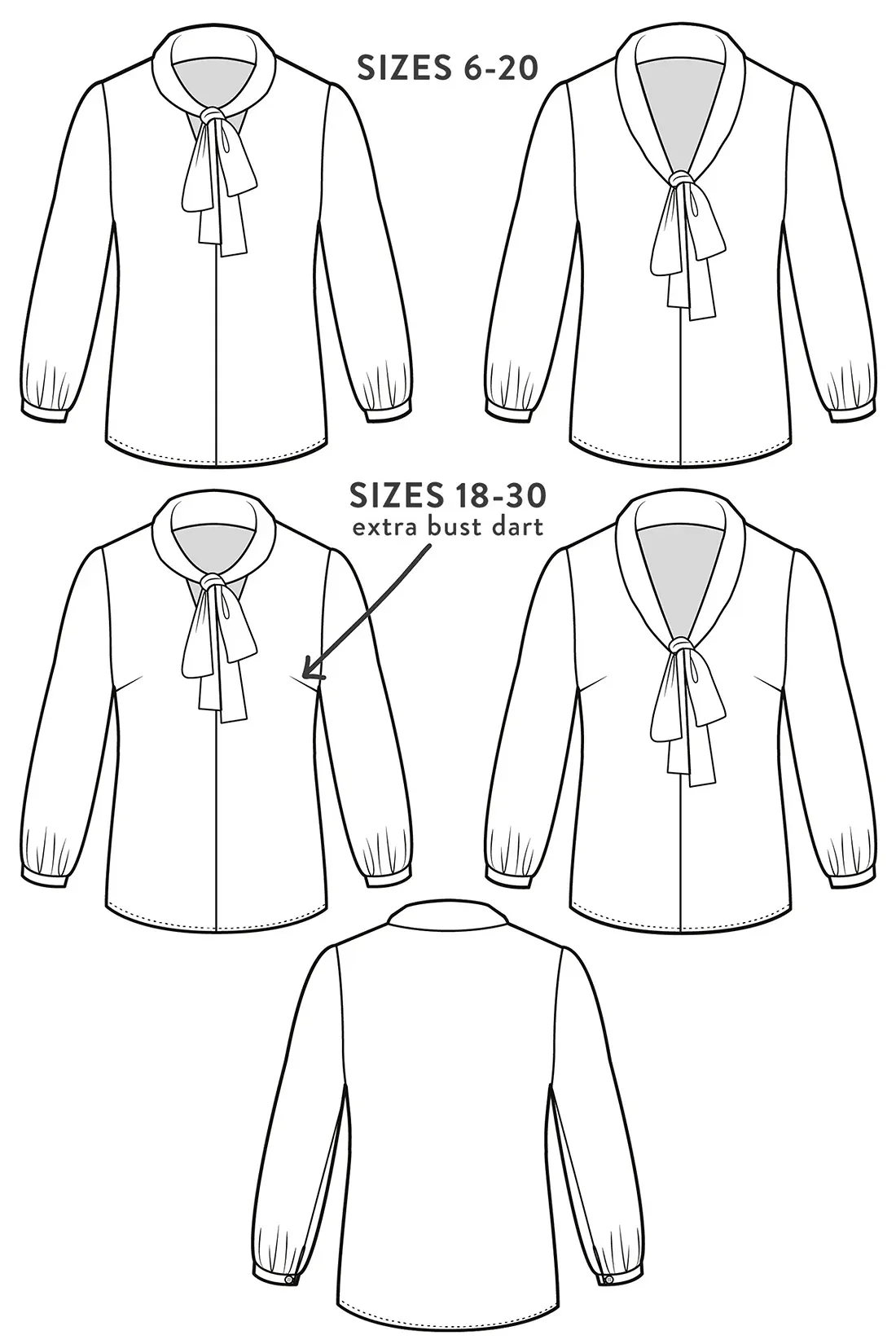 Black line drawings on a white background of  five dresses showing different options with sleeves, collar and lengths
