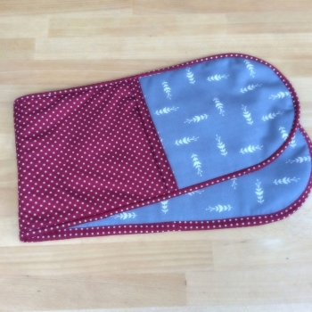 Oven Gloves - Grey and White Leaves and Red and White Polka Dots