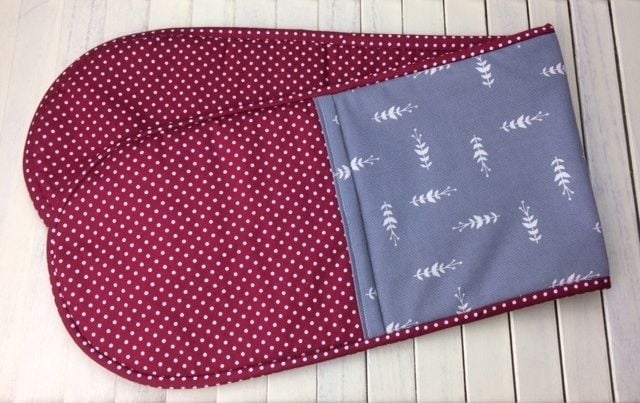 Oven Gloves -  Red and White Polka Dots and Grey and White Leaves