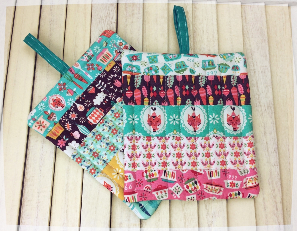 Pair of Quilted Patchwork Pot Holders with Tab
