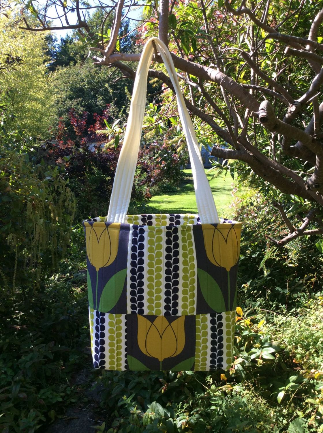 Tulip and Lime & Blue Vine Stripes Patchwork Tote Bag