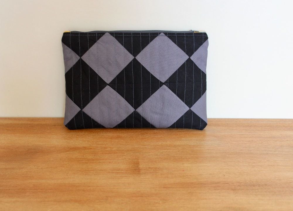 A Dorset Patchworks Bits and Bobs Quilted Pouch (Black and Grey On Point)