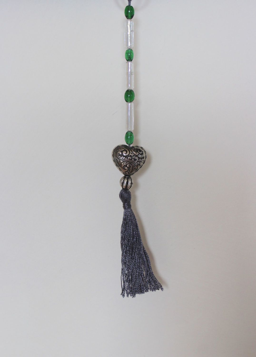 Tassel (Green and White Beads with Heart and Grey Tassel)