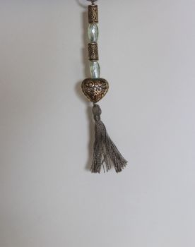 Tassel (Pale Green and Gold Beads with Heart and Taupe Tassel)