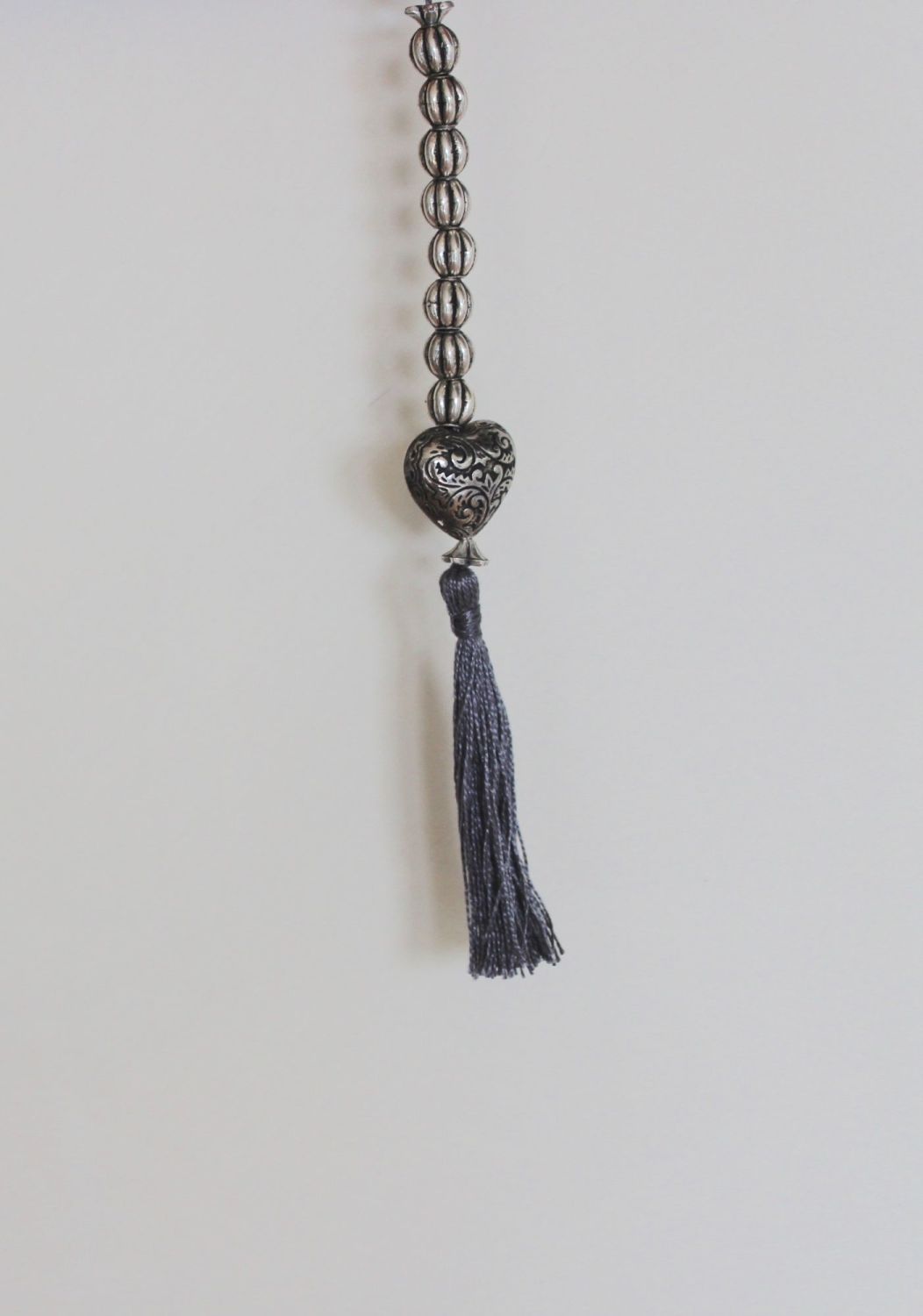 Tassel (Silver Beads with Heart and Grey Tassel)