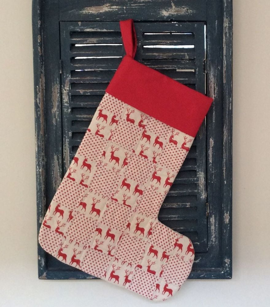 Reindeer and Star Quilted Patchwork Christmas Stocking