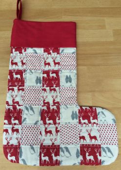 Reindeer, Penguin and Stars Quilted Patchwork Christmas Stocking