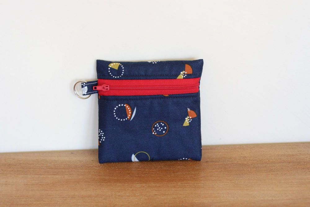 Blue Coin Purse with Key Ring (Red Zipper)