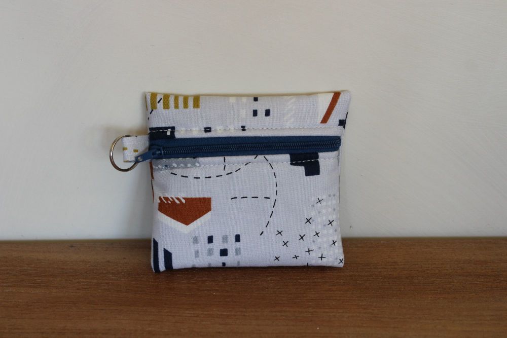 Grey Coin Purse with Key Ring (Mid Blue Zipper)