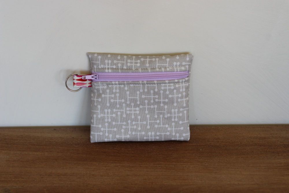 Pale Taupe Coin Purse with Key Ring (Lilac Zipper)
