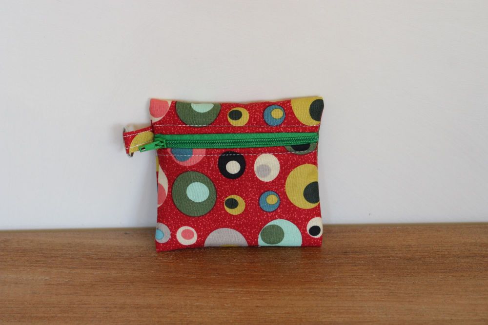 Red Coin Purse with Key Ring (Green Zipper)