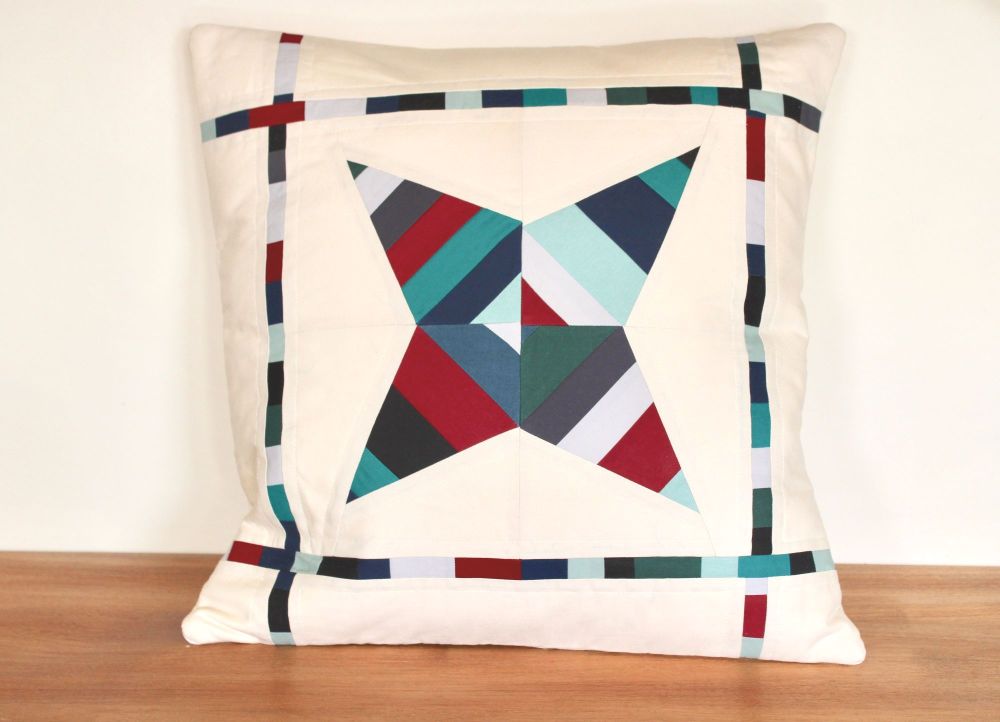 String Star Quilted Cushion Maroon/Bues and Greens)