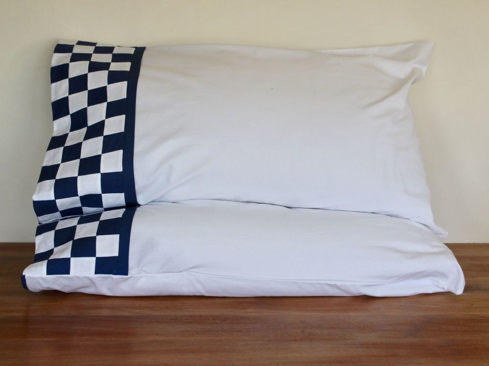 Pair of Pillow Cases with Blue and White Patchwork Cuff