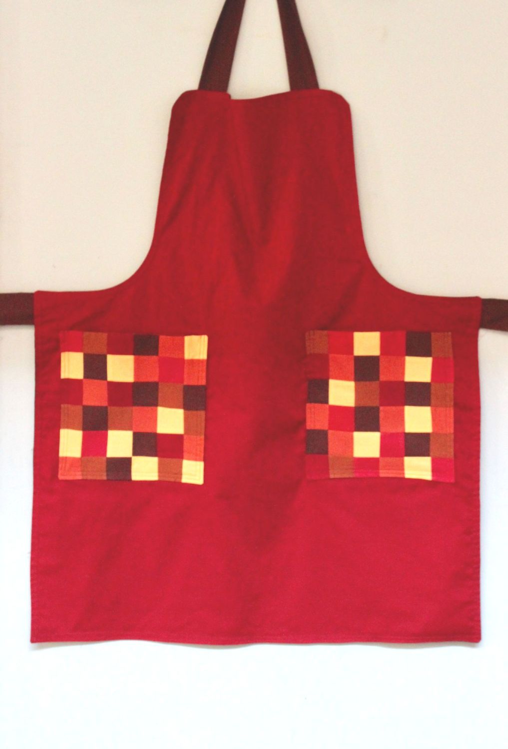 Reversible Apron In Red/Chestnut with Patchwork Pockets