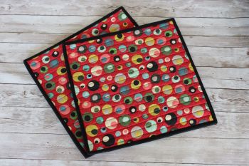 Set of Two Square Mid Mod Circles Red Quilted Place Mats