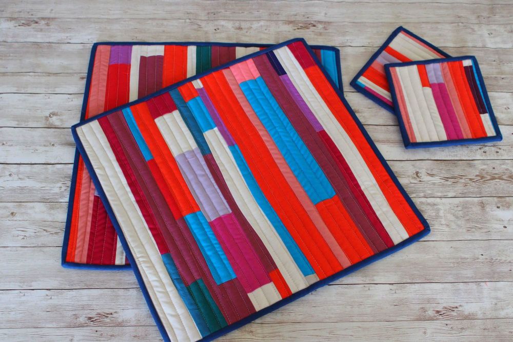 Set of Two Artisan Quilted Place Mats and Two Coasters (Having Fun with Str