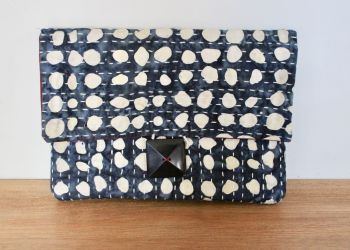 Blue and White Clutch Bag with a Zippered Pocket