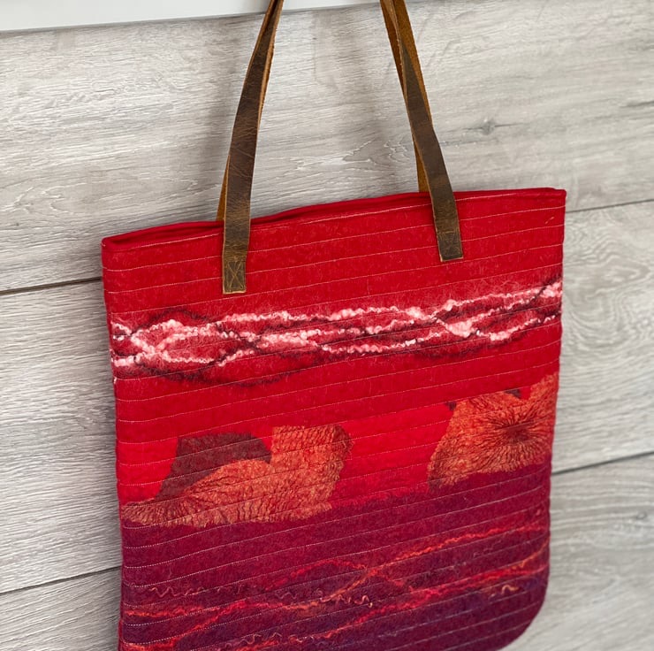 Red  Nuno Felt Quilted Tote Bag