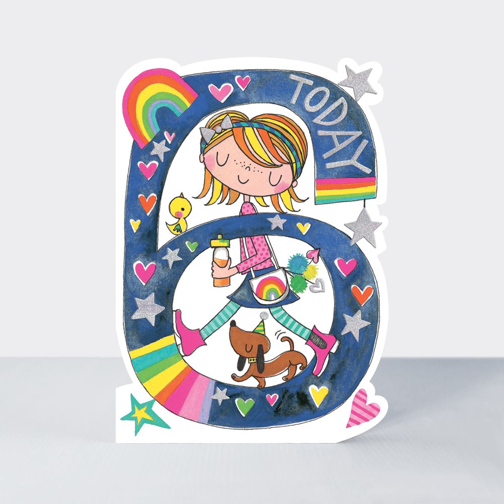 6th Birthday Cards Girl - 6 TODAY - Rainbow & HEARTS Birthday Cards - CHILD