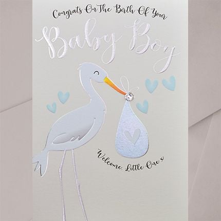 Baby Boy Card - WELCOME Little ONE - EMBELLISHED Baby BOY Card - New BABY Cards - CUTE Stork Baby CARD - New BABY Son - GRANDSON Cards