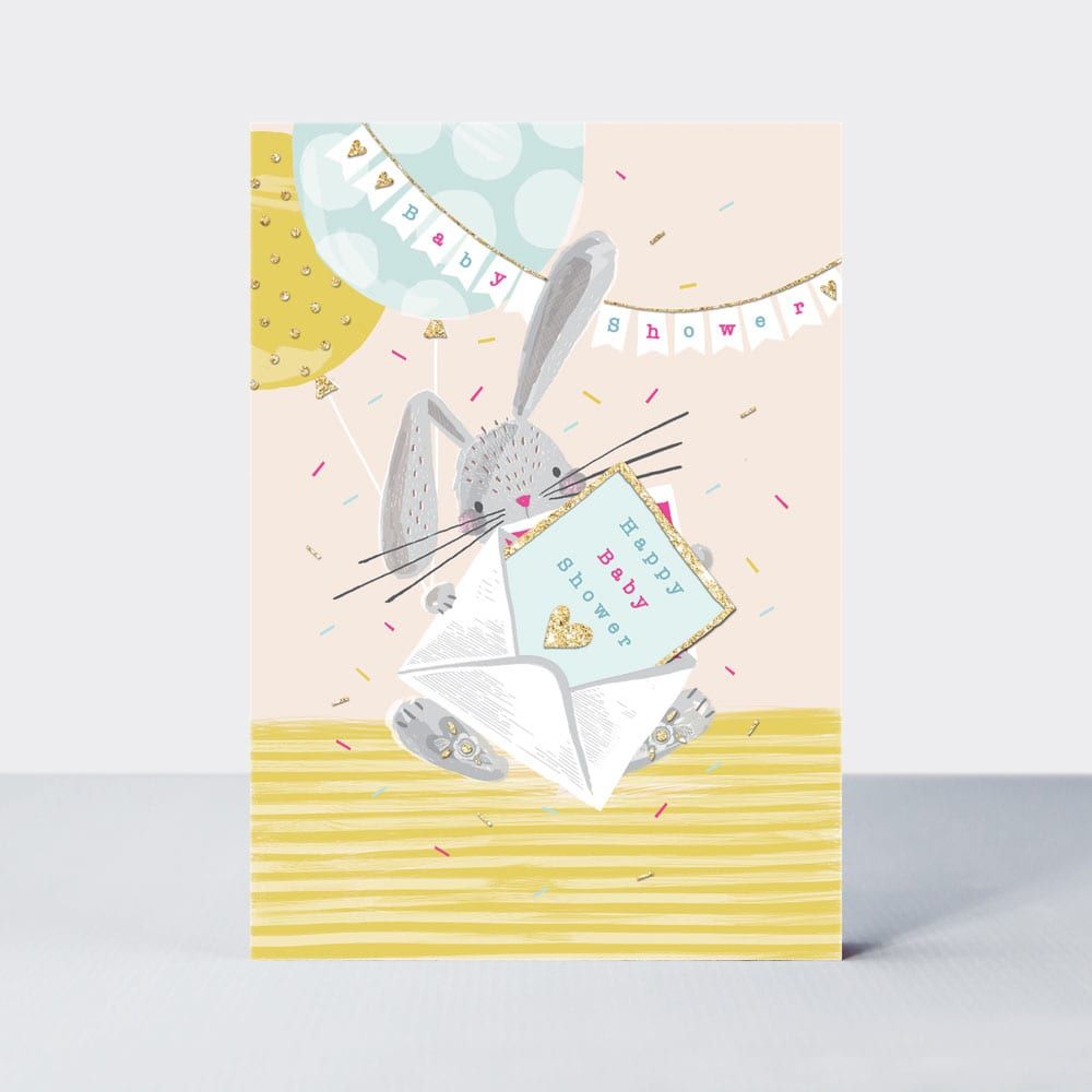 Cute Bunny Baby Shower Card - HAPPY BABY SHOWER - Baby Shower CARDS - Baby SHOWER New BABY Cards - PRETTY Sparkly BABY SHOWER Card