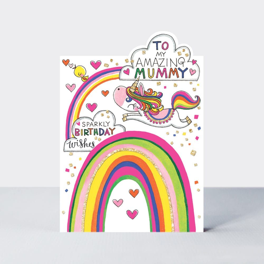Amazing Mum Birthday Cards - SPARKLY Birthday WISHES - Unicorn BIRTHDAY Car