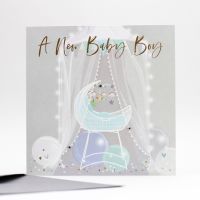 A New Baby Boy Greeting Card - NEW Baby BOY Cards - EXUISITE New BABY Boy Card - EMBELLISHED New BABY Card - BALLOONS & Crib BABY Boy CARD