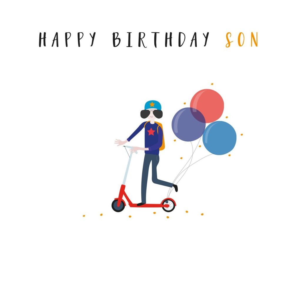 Happy Birthday Son Card - SON Birthday CARDS - Son On SCOOTER Birthday CARD