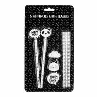 Panda Pencils with Eraser Toppers Pack of 5 - PENCILS With ERASER Toppers - Set OF 5 - PANDA Stationery - KIDS Pencils